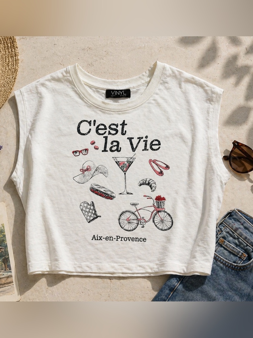 C'est la Vie Graphic Crop Tee - White with Pink Accents